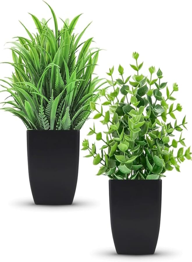 Mini Artificial Plants in Pot Small Artificial Plants for Home Decor Outdoor Farmhouse Bathroom Decor Set of 2 Plants Shape May Vary (Black)