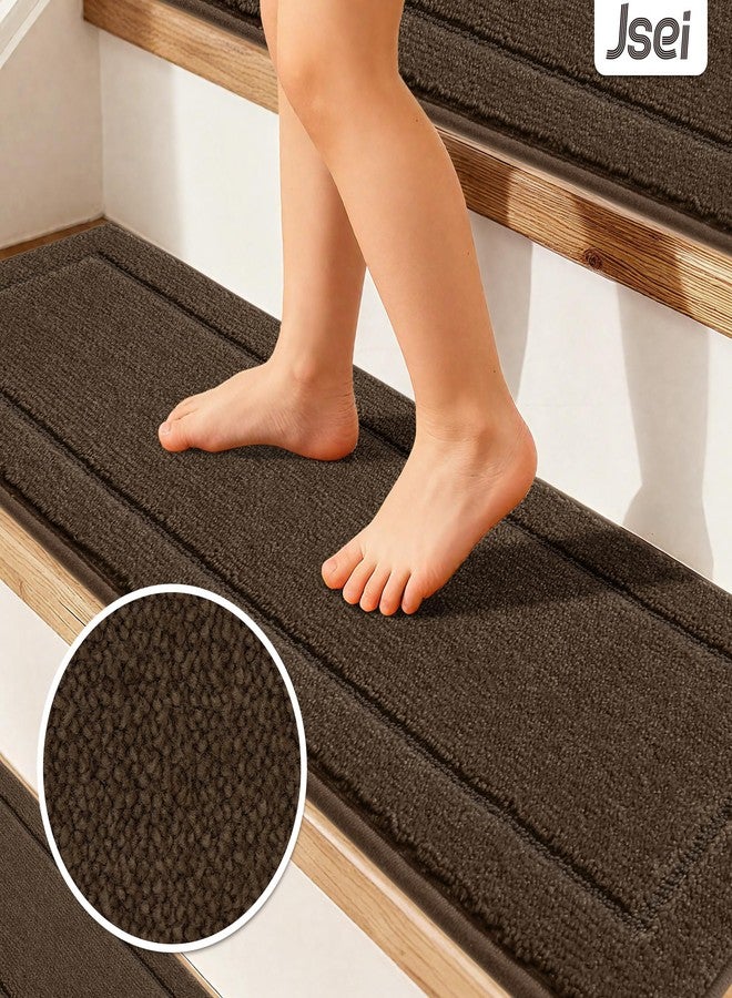 JSEI Non-Slip Stair Treads for Wooden Steps Indoor, 15 Pack 8" X 30" Edging Stair Rugs with TPE Backing, 0.4" Thick Carpet Stair Treads for Kids Elders & Pets, 100% Polyester Soft Stair Runners, Brown - Image 3