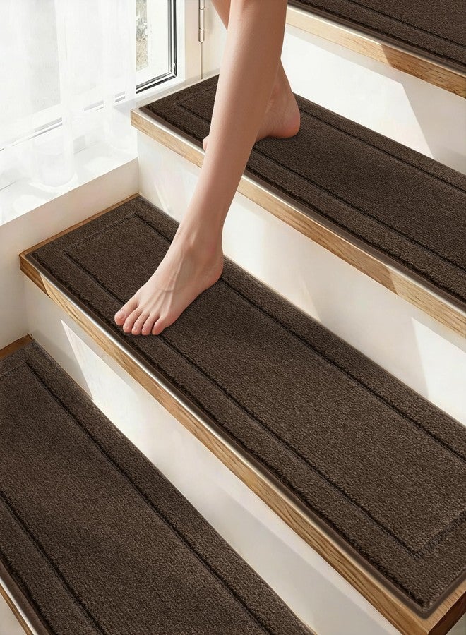 JSEI Non-Slip Stair Treads for Wooden Steps Indoor, 15 Pack 8" X 30" Edging Stair Rugs with TPE Backing, 0.4" Thick Carpet Stair Treads for Kids Elders & Pets, 100% Polyester Soft Stair Runners, Brown - Image 1