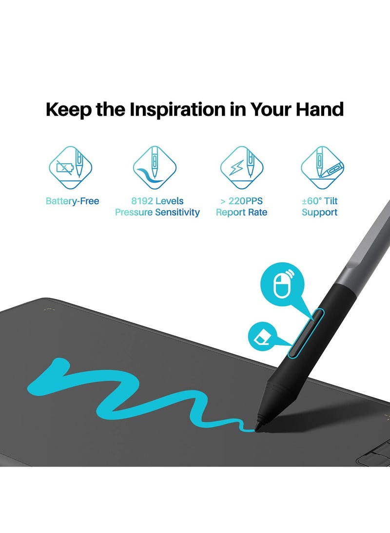 HUION H610X Drawing Graphics Tablet 10 x 6.25 inch 8 Multimedia Keys Battery-Free Stylus Black - Image 5