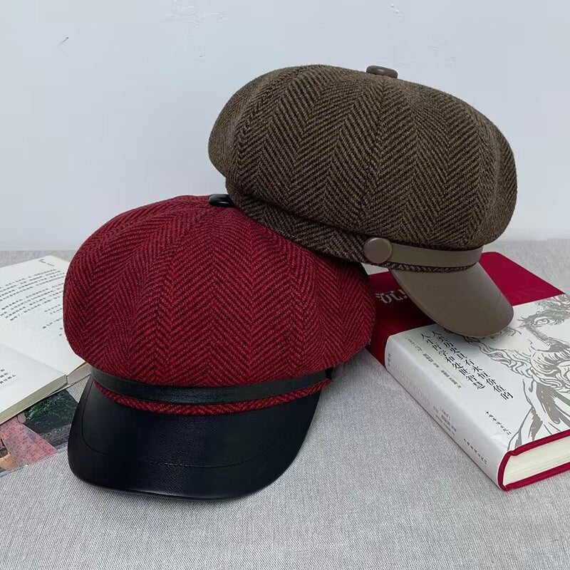 Spring Octagonal Cap Women Leather Brim Casual Painter Beret Hat - Image 2