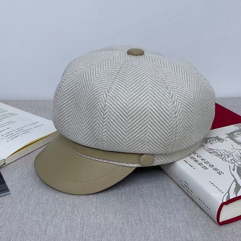 Spring Octagonal Cap Women Leather Brim Casual Painter Beret Hat - Image 3