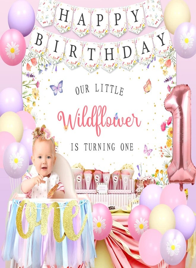 Fangleland Wild Flower 1st Birthday Decorations for Girls, Wildflower Theme Backdrop Floral Banner Daisy Macaroon Pastel Latex Balloons, First Birthday Party Supplies - Image 2