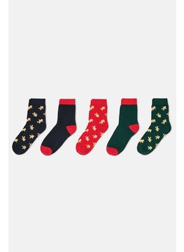 Tchibo Kid Girls 5 Pair Printed Socks, Navy and Green and Red  - Image 2