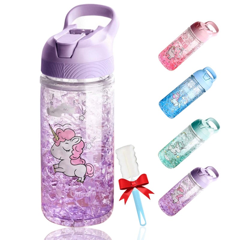 OOTD Unicorn Water Bottle for Girls Cute Girls Bottles for School Unicorn Water Bottle with Straw and Safety lock 400ML135oz Kids WaterBottles for Schools Kids Girlss Purple