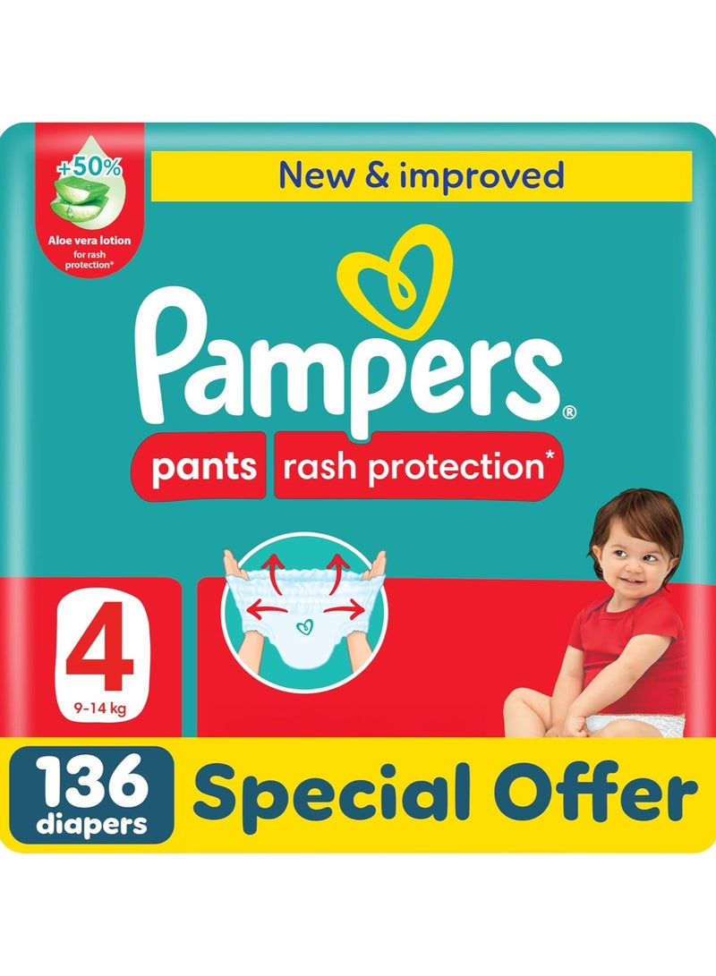 Pampers Rash Protection Pants Diapers, Size 4, 9-14kg, +50% Aloe Vera Lotion, 360° Leak-Free Fit for up to 100% Leakage Protection, Giant Pack, 136 Count