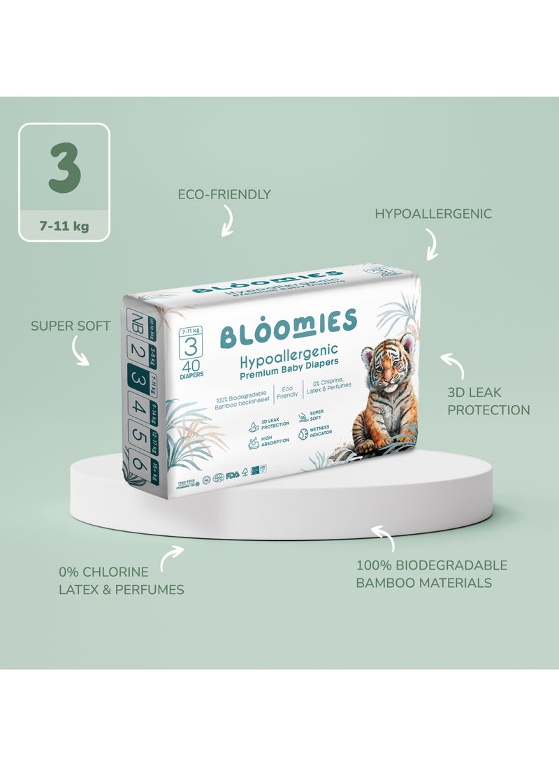 Bloomies - Organic Bamboo Baby Diapers Size 3 (7-11kg baby) 40pcs| Eco-friendly, Hypoallergenic, Non-toxic, Breathable Nappies - Image 1