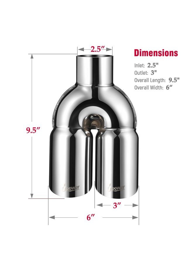 Upower 2.5" to 3" Dual Exhaust Tip 2 1/2 Inch Inlet 3 Inch Outlet 9.5" Length Weld On Exhaust Tailpipe Tips 304 Polished Stainless Steel 1.2mm Thickness Double Wall Slant Rolled Edge - Image 4