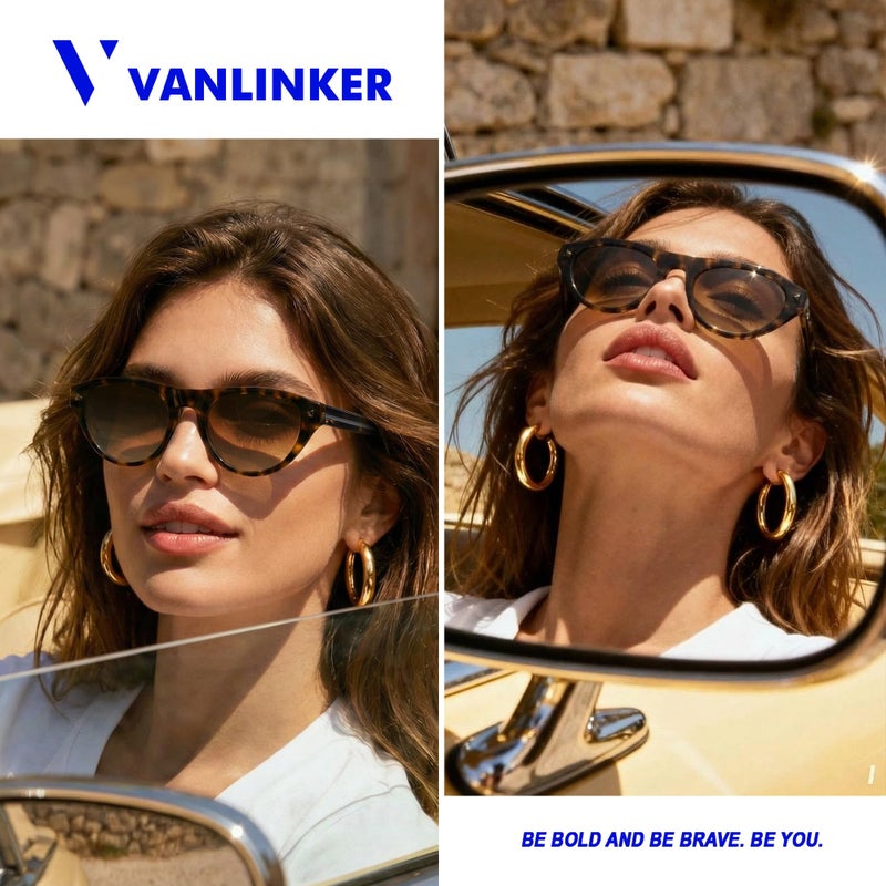 VANLINKER Retro Small Oval Sunglasses for Women Men Trendy Narrow Round Cateye Shades VL9915,Tortoise/Gradient Brown - Image 2