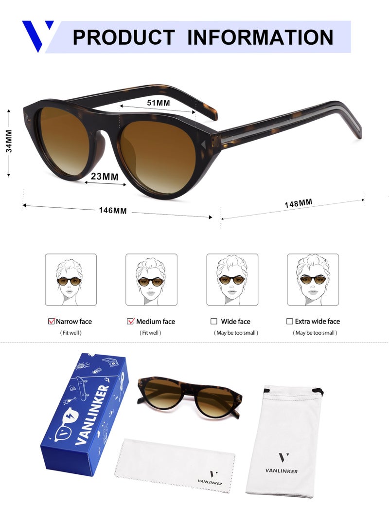 VANLINKER Retro Small Oval Sunglasses for Women Men Trendy Narrow Round Cateye Shades VL9915,Tortoise/Gradient Brown - Image 5