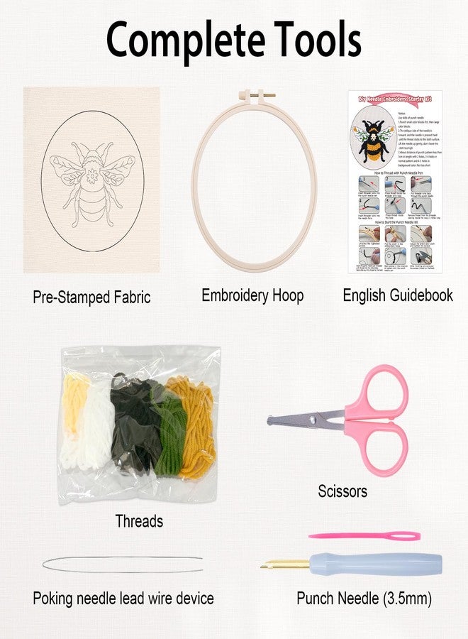 Nuberlic Punch Needle Kit for Beginners Cute Bee Pattern DIY Hoop Embroidery Punch Needle Starter Craft Set with Pre-Printed Fabric, Yarn, Frame & Tools Step-by-Step Introduction - Image 5