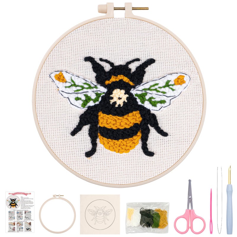 Nuberlic Punch Needle Kit for Beginners Cute Bee Pattern DIY Hoop Embroidery Punch Needle Starter Craft Set with Pre-Printed Fabric, Yarn, Frame & Tools Step-by-Step Introduction - Image 1