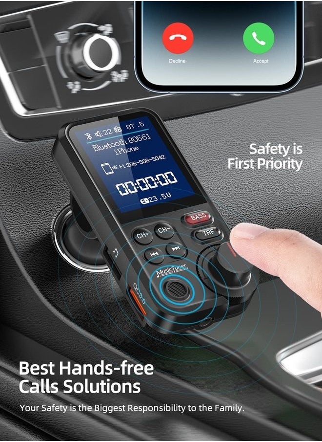 nulaxy - FM Bluetooth Transmitter for car, Strong Microphone Bluetooth Car Adapter with 1.8" Color Screen for Hands Free Calls, Supports QC3.0 Charging, Treble and Bass Sound Music Player- KM30 - Image 1