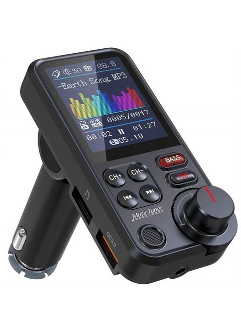 FM Bluetooth Transmitter for car, Strong Microphone Bluetooth Car Adapter with 1.8" Color Screen for Hands Free Calls, Supports QC3.0 Charging, Treble and Bass Sound Music Player- KM30