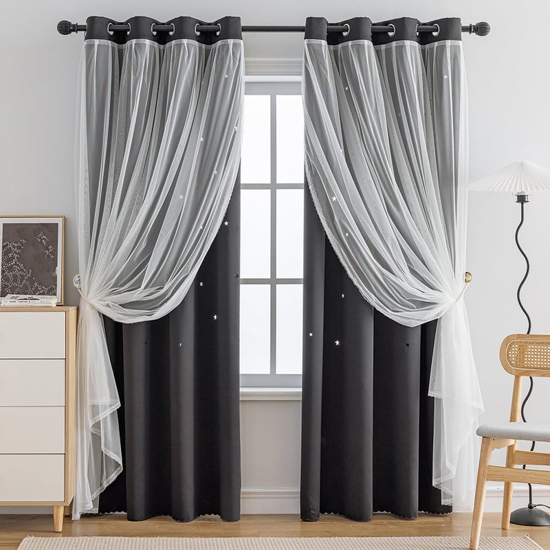 Anytime Romantic Kids CurtainHollowOut Stars Window Curtain Double Layer Blackout Curtains for Girls Bedroom Kids Room 2PanelW52 x L63Black