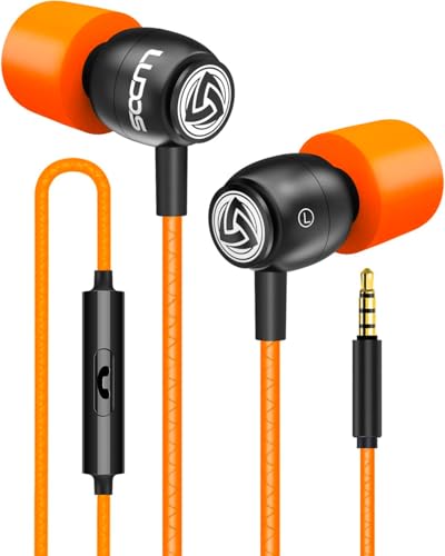 LUDOS Clamor Wired Earbuds in-Ear Headphones, 5 Years Warranty, Earphones with Microphone, Noise Isolating Ear Buds, Memory Foam for iPhone, Samsung, School Students, Kids, Women, Small Ears - Orange - Image 1
