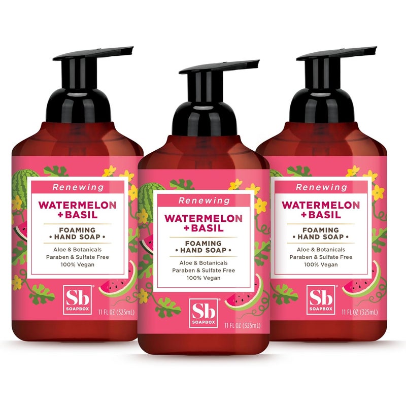 Soapbox Foaming Hand Soap Watermelon  Basil 11oz Pump Bottles 3 Pack Cruelty Free Vegan Moisturizing Foaming Hand Wash for Kitchen  Bathroom