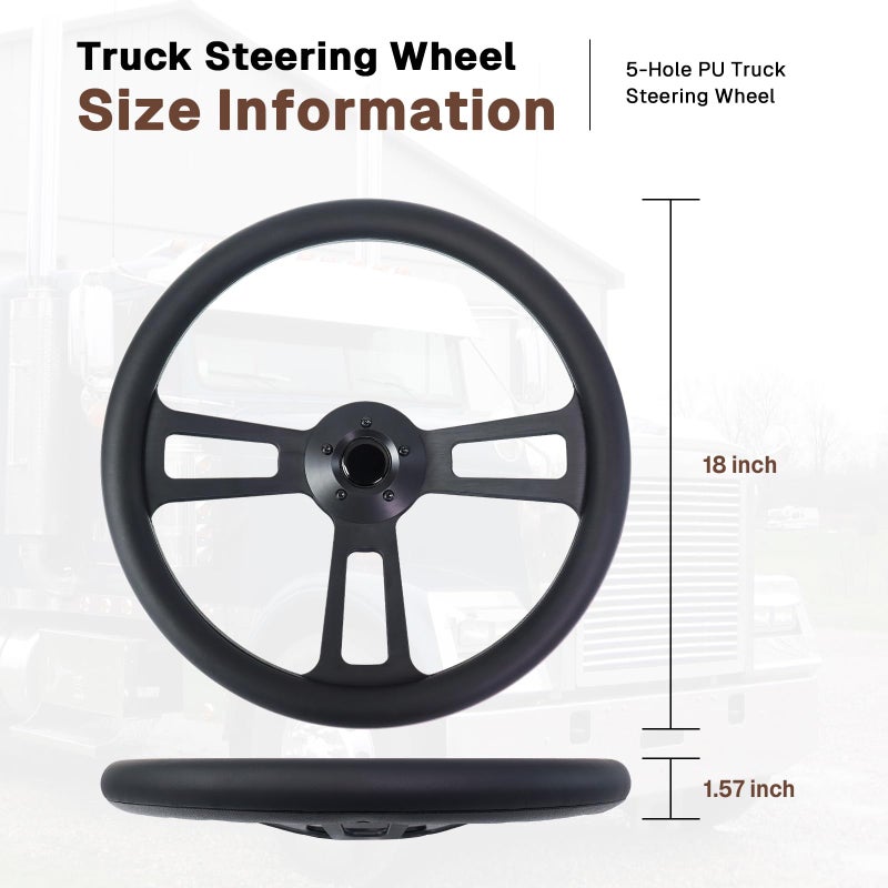 VOONKE Universal 18-inch 5-hole PU Truck Steering Wheel, Black Aluminum 3-spoke Steering Wheel Suitable for Kenworth, for Freightliner,for Peterbilt, for Volvo,and for Semi-trailers and Trucks - Image 2