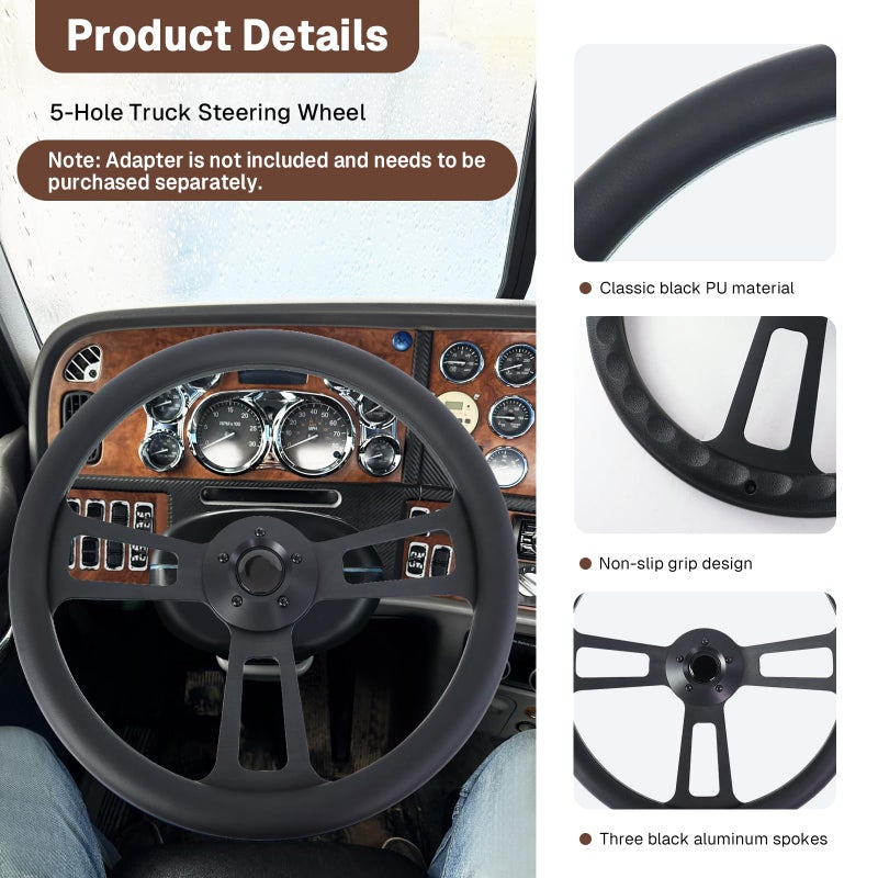 VOONKE Universal 18-inch 5-hole PU Truck Steering Wheel, Black Aluminum 3-spoke Steering Wheel Suitable for Kenworth, for Freightliner,for Peterbilt, for Volvo,and for Semi-trailers and Trucks - Image 3