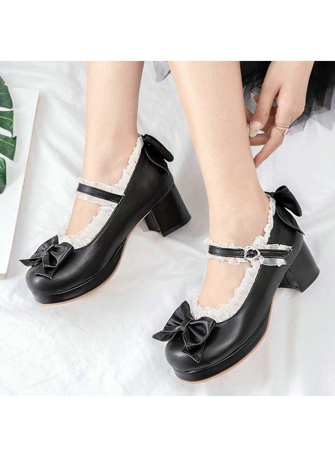 LUXMAX Women Kawaii Mid Block Heel Mary Jane Rockabilly Pumps with Bow Platform Chunky Heel Cute Sweet Shoes, Black, 5 - Image 2