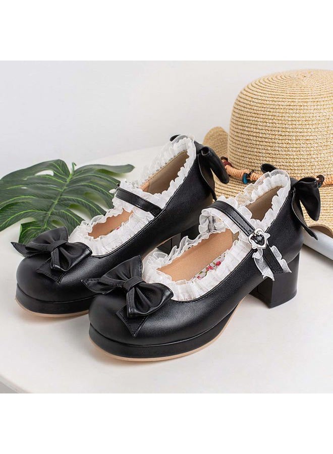 LUXMAX Women Kawaii Mid Block Heel Mary Jane Rockabilly Pumps with Bow Platform Chunky Heel Cute Sweet Shoes, Black, 5 - Image 3