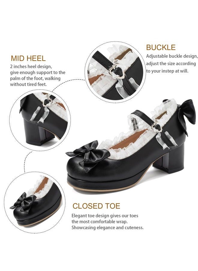 LUXMAX Women Kawaii Mid Block Heel Mary Jane Rockabilly Pumps with Bow Platform Chunky Heel Cute Sweet Shoes, Black, 5 - Image 4