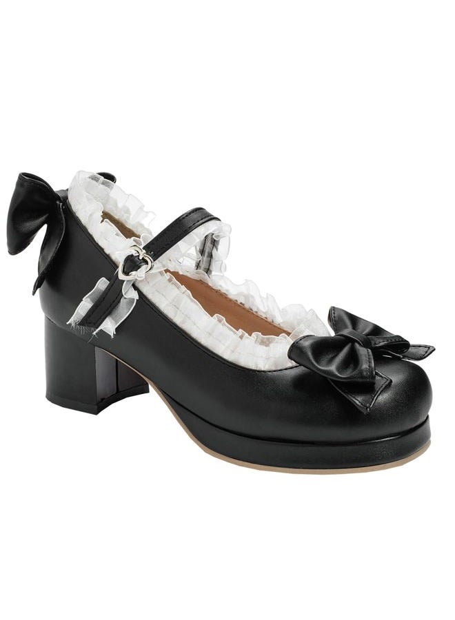 LUXMAX Women Kawaii Mid Block Heel Mary Jane Rockabilly Pumps with Bow Platform Chunky Heel Cute Sweet Shoes, Black, 5 - Image 5