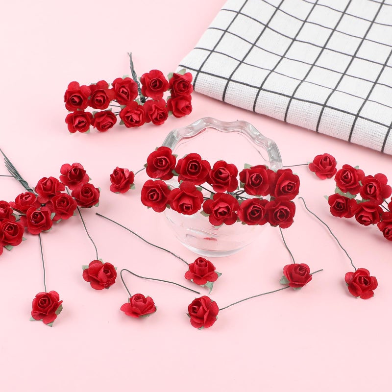 CCINEE 120pcs Mini Paper Flowers,Mulberry Paper 1/2" Artificial Rose Flower with Stem for DIY Crafts Projects Scrapbooking Wedding Decorations (Red) - Image 5