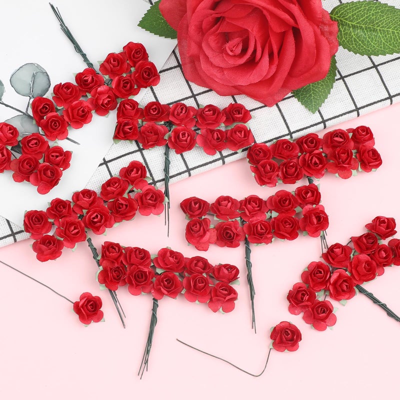 CCINEE 120pcs Mini Paper Flowers,Mulberry Paper 1/2" Artificial Rose Flower with Stem for DIY Crafts Projects Scrapbooking Wedding Decorations (Red) - Image 4