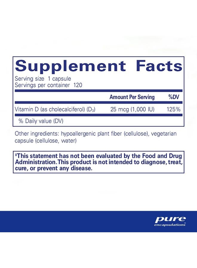 Pure Encapsulations فيتامين د3 25 ميكروغرام (1,000 وحدة دولية) - مكمل لدعم صحة العظام والمفاصل والثدي والقلب والقولون والمناعة - مع فيتامين د الممتاز - 120 كبسولة - Image 2