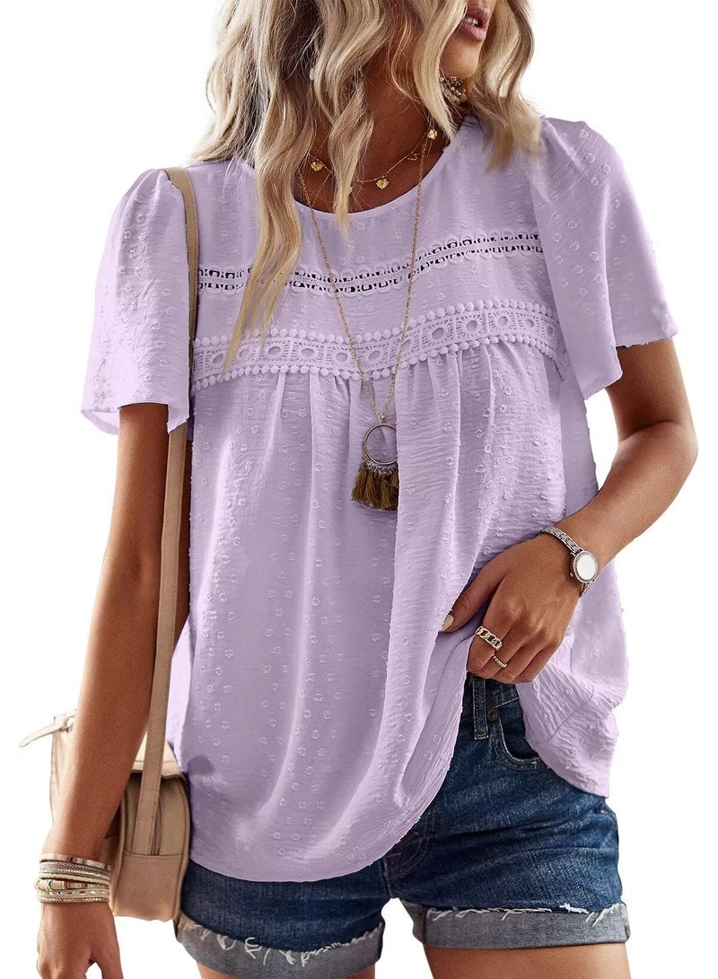 Falechay Tops for Women Sexy Casual Solid Short Sleeve Purple Blouse Bohemian Lace Crewneck Babydoll Chiffon Pom Pom Tunic Loose L - Image 1