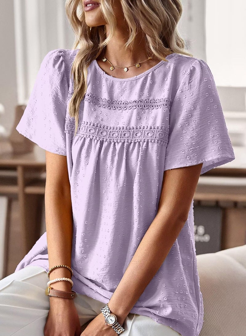 Falechay Tops for Women Sexy Casual Solid Short Sleeve Purple Blouse Bohemian Lace Crewneck Babydoll Chiffon Pom Pom Tunic Loose L - Image 2