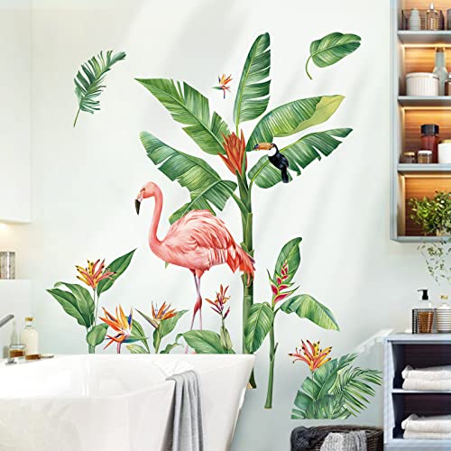 decalmile Tropical Leaves Wall Decals Flamingo Green Plants Wall Stickers Living Room Bedroom Sofa TV Background Wall Decor - Image 3