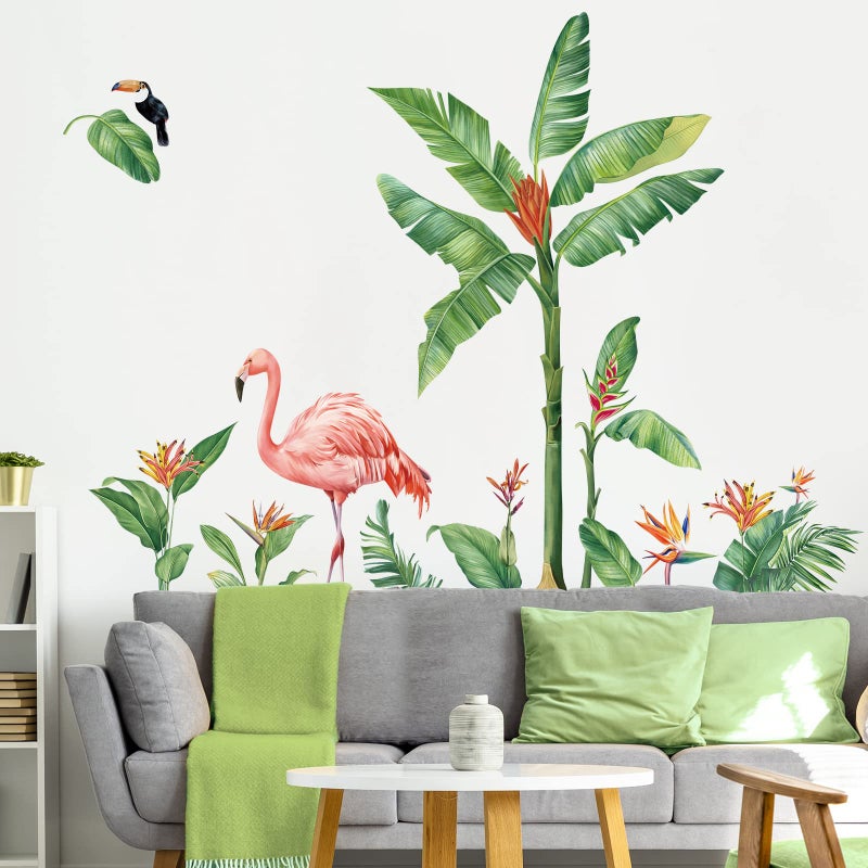 decalmile Tropical Leaves Wall Decals Flamingo Green Plants Wall Stickers Living Room Bedroom Sofa TV Background Wall Decor - Image 2