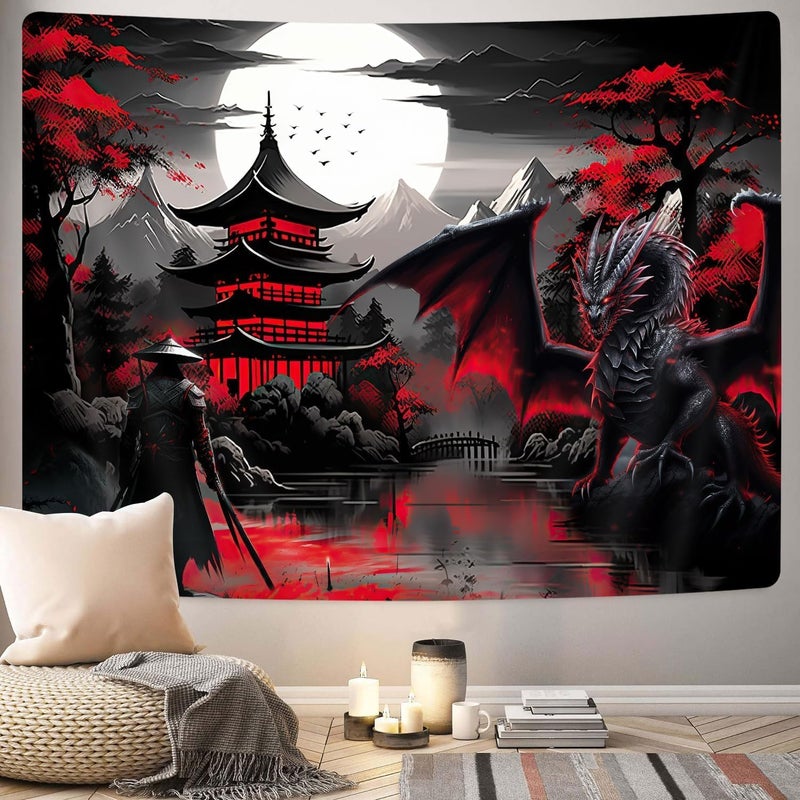 GOAOK معلقة ساموراي أنمي، معلقة حائطية رائعة باللون الأحمر والأسود لتنين خيالي من القرون الوسطى للرجال، مناظر طبيعية جبلية وغابات وغروب شمس داكنة، معلقات يابانية آسيوية جمالية لغرفة المعيشة والجامعة، 80×60 - Image 3