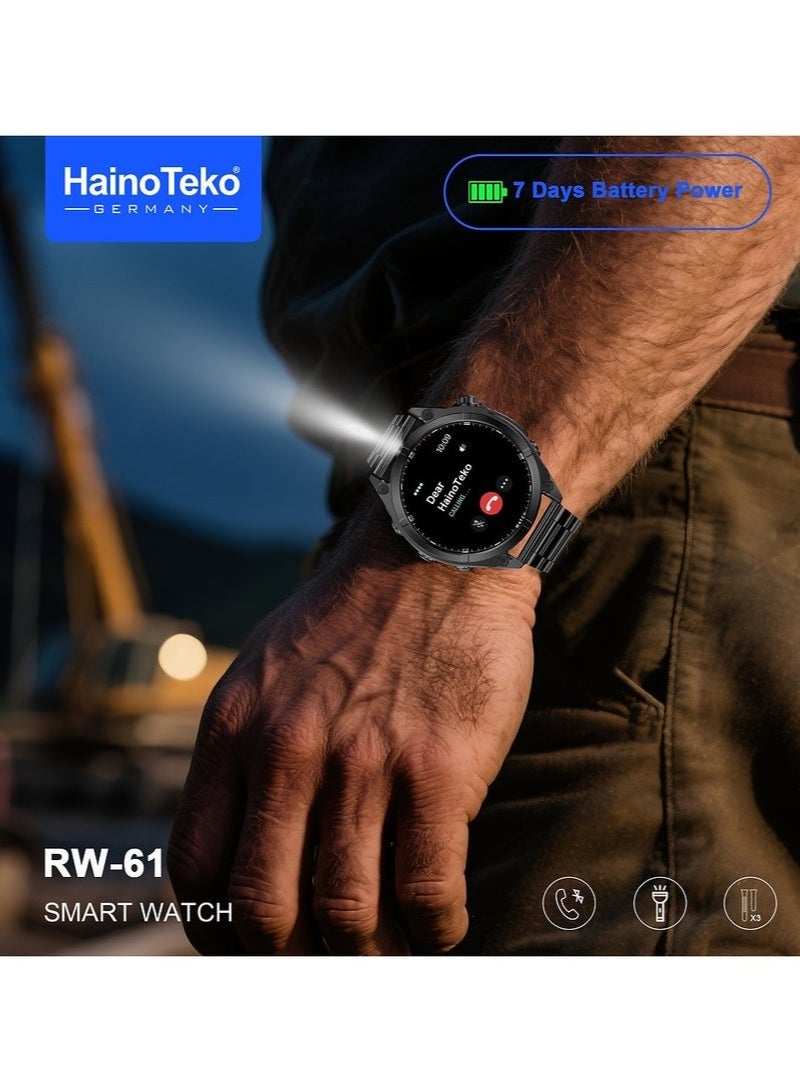 Haino Teko RW-61 Smartwatch with Round AMOLED Display, Built-In Flashlight, Bluetooth Calling, Fitness Tracking, 3 Interchangeable Straps & Charging Cable – Stylish Unisex Design for Ladies and Gents – Black - Image 3
