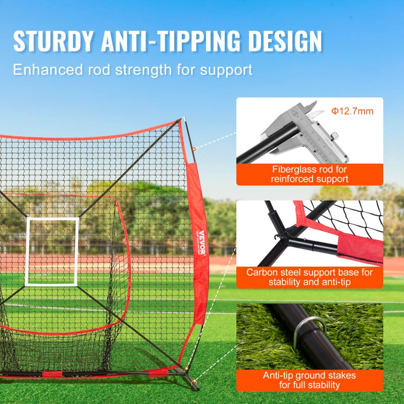 VEVOR 7x7 ft Baseball Softball Practice Net, Portable Baseball Training Net for Hitting Batting Catching Pitching, Backstop Baseball Equipment with Bow Frame, Carry Bag, Strike Zone, Ball, Batting Tee - Image 3