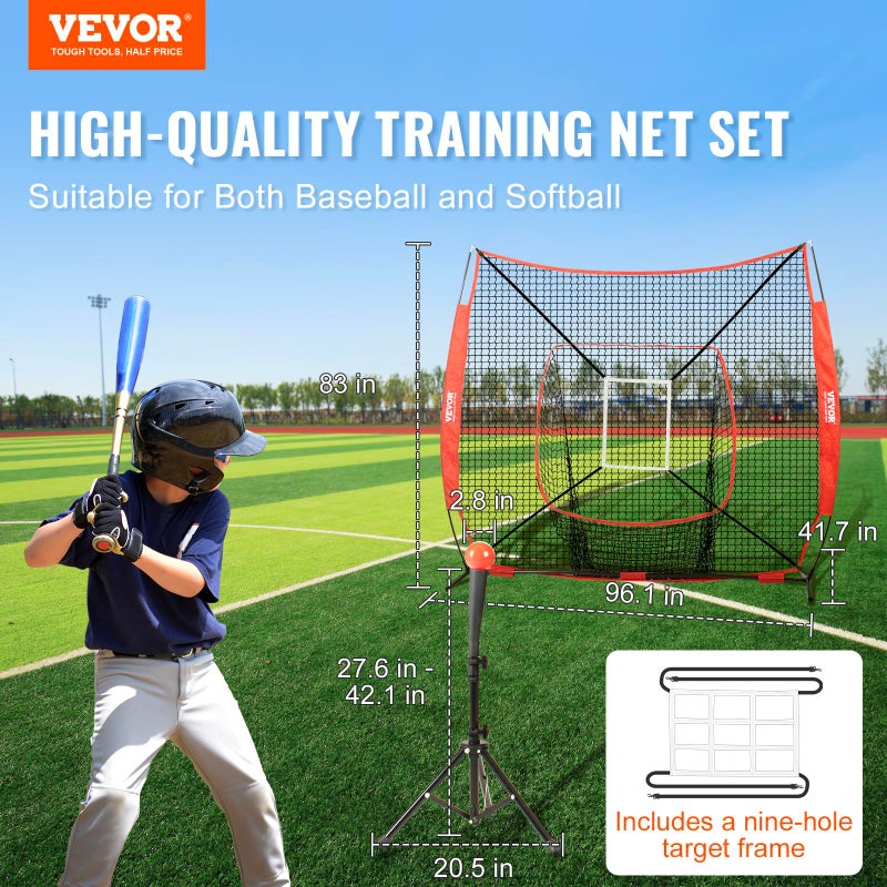 VEVOR 7x7 ft Baseball Softball Practice Net, Portable Baseball Training Net for Hitting Batting Catching Pitching, Backstop Baseball Equipment with Bow Frame, Carry Bag, Strike Zone, Ball, Batting Tee - Image 2