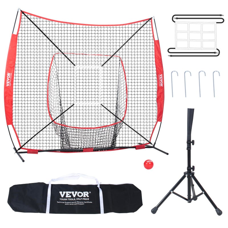 VEVOR 7x7 ft Baseball Softball Practice Net, Portable Baseball Training Net for Hitting Batting Catching Pitching, Backstop Baseball Equipment with Bow Frame, Carry Bag, Strike Zone, Ball, Batting Tee - Image 1