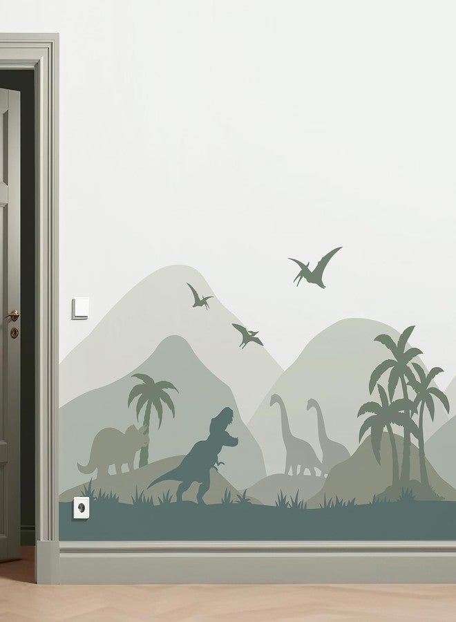 Zeeko Dinosaur Wall Decals Peel and Stick 64.9x34.6in Tropical Jungle Skirting Line Decals Green Grass Green Art for Baby Nursery Kids Bedroom Playroom Home Decor - Image 1
