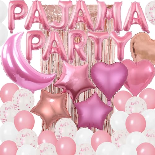 DUFACAI 51 Pieces PAJAMA PARTY Balloons Pink Moon Star Heart Balloons Latex Balloons Foil Fringe Curtains for Girls Women Slumber Party Sleepover Birthday Party Spa Party Decoration Pink - Image 1