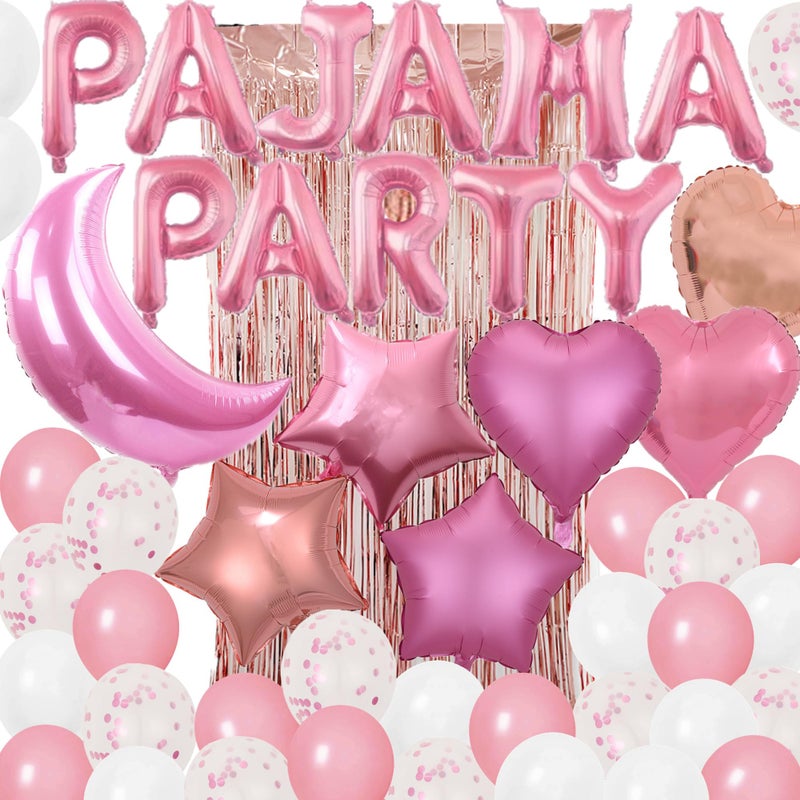 DUFACAI 51 Pieces PAJAMA PARTY Balloons Pink Moon Star Heart Balloons Latex Balloons Foil Fringe Curtains for Girls Women Slumber Party Sleepover Birthday Party Spa Party Decoration Pink - Image 3