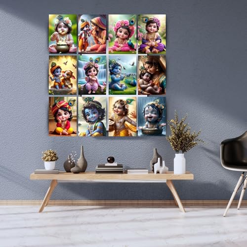 Posters Inc Set of 12 Bal Krishna Stickers – Bal Gopal Cute Baby Posters for Pregnant Women, Kanha Ji HD Print on 300 GSM A4 (8×12 Inch) with Glue Dots, God Posters for Wall Decor, Living Room, Bedroom - Image 3