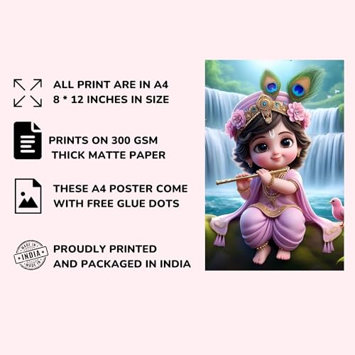 Posters Inc Set of 12 Bal Krishna Stickers – Bal Gopal Cute Baby Posters for Pregnant Women, Kanha Ji HD Print on 300 GSM A4 (8×12 Inch) with Glue Dots, God Posters for Wall Decor, Living Room, Bedroom - Image 4