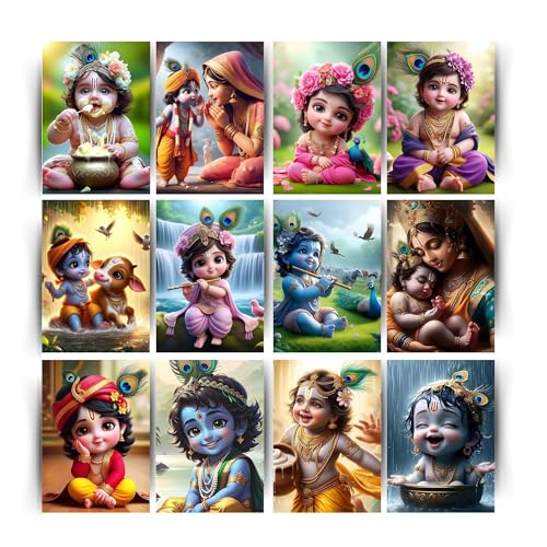 Posters Inc Set of 12 Bal Krishna Stickers – Bal Gopal Cute Baby Posters for Pregnant Women, Kanha Ji HD Print on 300 GSM A4 (8×12 Inch) with Glue Dots, God Posters for Wall Decor, Living Room, Bedroom - Image 1