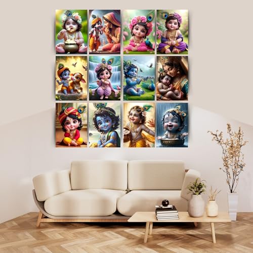 Posters Inc Set of 12 Bal Krishna Stickers – Bal Gopal Cute Baby Posters for Pregnant Women, Kanha Ji HD Print on 300 GSM A4 (8×12 Inch) with Glue Dots, God Posters for Wall Decor, Living Room, Bedroom - Image 2