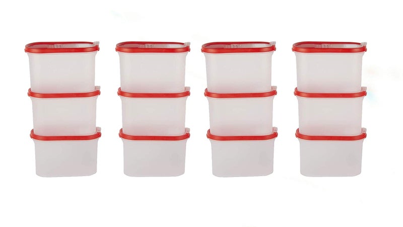 Cutting EDGE Flip-Top Modular Dispenser Containers Oval Set for Rice, Dal,Atta, Flour, Cereals, Pulses, Snacks, Stackable 1200 ML Set of 12 - RED Lids (Free Plain Lids Extra for Each Container) - Image 1
