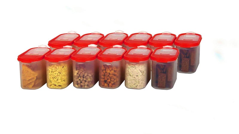 Cutting EDGE Flip-Top Modular Dispenser Containers Oval Set for Rice, Dal,Atta, Flour, Cereals, Pulses, Snacks, Stackable 1200 ML Set of 12 - RED Lids (Free Plain Lids Extra for Each Container) - Image 2