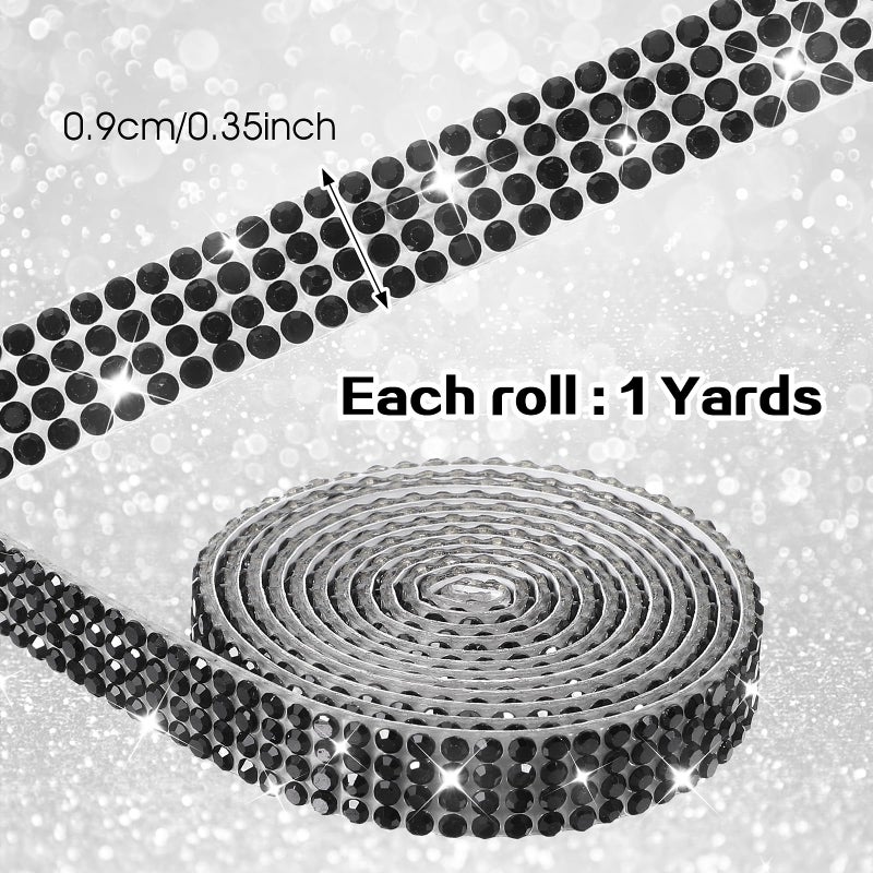 Telooco Self Adhesive Rhinestone Ribbons 4 Rolls Bling Crystal Rhinestone Strips Stickers Glitter Wrap Roll for DIY Crafts Clothes Car Shoes (4 Rows of 1 Yard, Black) - Image 2