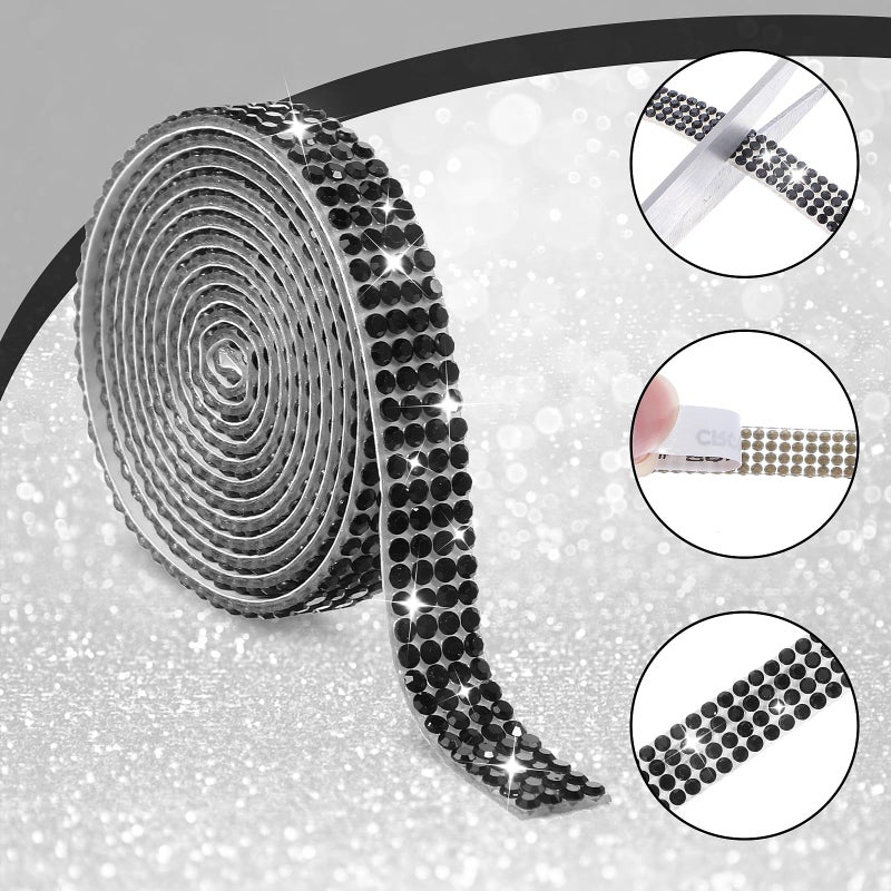 Telooco Self Adhesive Rhinestone Ribbons 4 Rolls Bling Crystal Rhinestone Strips Stickers Glitter Wrap Roll for DIY Crafts Clothes Car Shoes (4 Rows of 1 Yard, Black) - Image 3